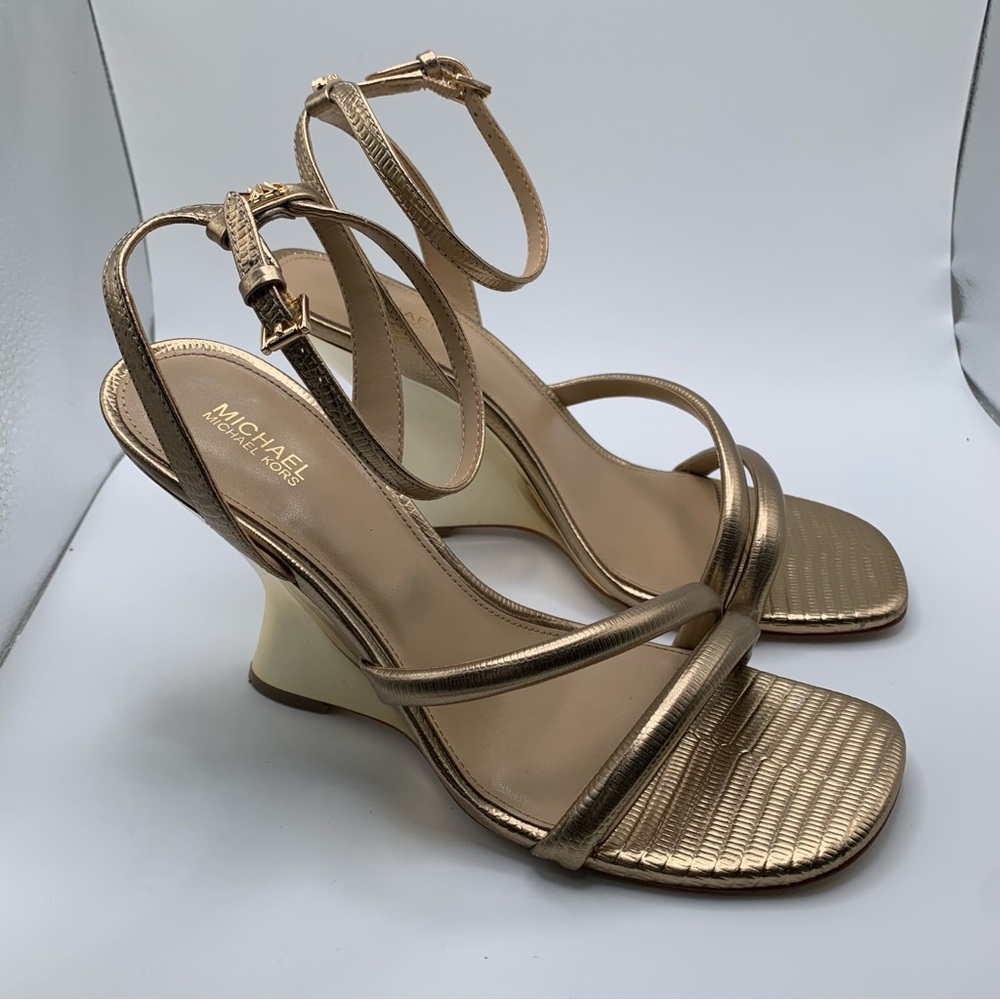 NWB Michael Kors Nadina Metallic Lizard Embossed Leather Wedge Sandal 8.5M 1893 - Picture 8 of 11